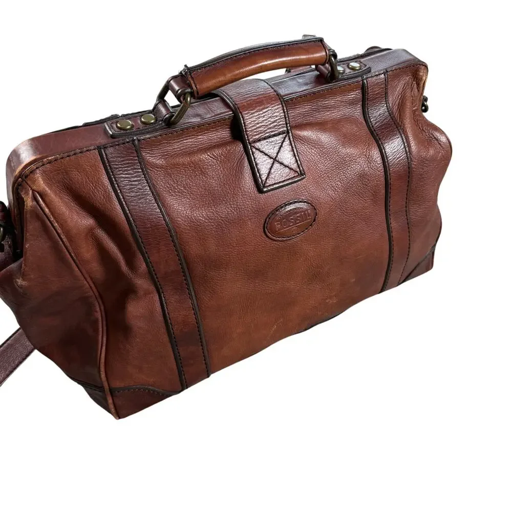 Fossil Cognac Leather Doctor Bag Gladstone Satchel Brown Vintage